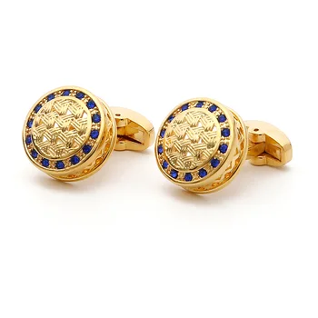 Мъжки френски копчета за ръкавели високо качество син кристал кръг злато цвят бизнес сватба костюм риза маншети бутон бижута подаръци за мъже