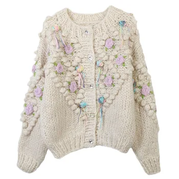 Мързелив пуловер триизмерен цветен ресни дълъг ръкав хлабав 2023 есен/зима нова женска френска реколта плетена жилетка