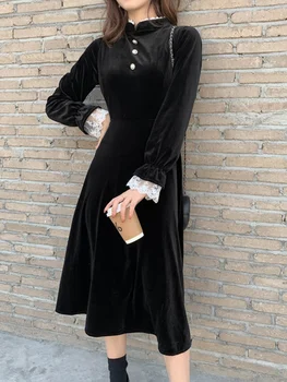 Нишова черна кадифена рокля с женствено докосване. 2022 Малък ароматен стил Mid дължина подложка пола за есента и зимата