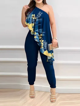 Нов молив панталони Playsuits Жени Summer Loungewear печат мода наклон яка без ръкави къдри дами гащеризони дропшипинг