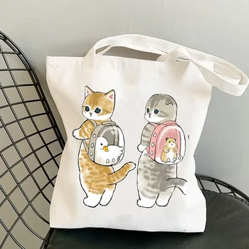 Нова животинска сладка котешка платнена чанта Женска случайна чанта за рамо с голям капацитет kawaii за многократна употреба ECO-Friendly пазарска чанта с цип