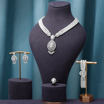 Нова модерна перла 37 см огърлица обица 4PCS бижута комплект за жени сватбено тържество пълен циркон Дубай булчински бижута комплект подарък