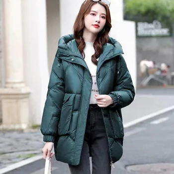 Официално топло палто Паркър Нова есен Зима Корейски хлабав надолу памук подплатени якета якета жени палто сгъсти качулка Y2k палта