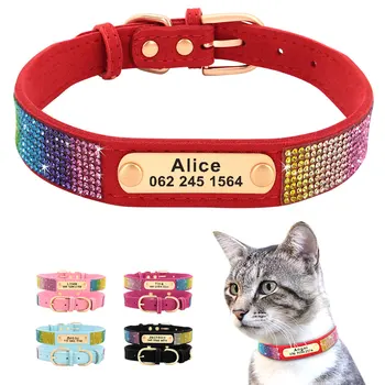 Персонализирана кожена котешка яка Bling Rhinestone Cat Collars Колие Колие Безплатно Engarved Pet Puppy ID Колиета Меки подплатени за котка