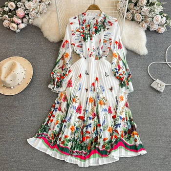Пролет и есен Елегантна 3D плисирана рокля с дълъг ръкав за жени Женски разрошен ръб талия тънък бял цветен печат рокля