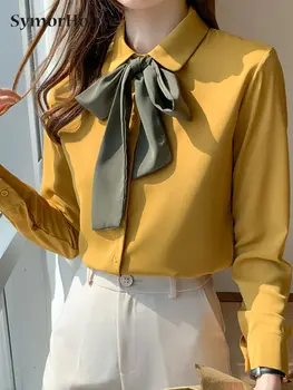 Пролет Лято Есен Blusas Simple Office Lady шифон блуза женска риза дантела нагоре върховете случайни корейски стил лъкове блузи жени