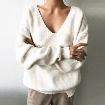 Пуловер за жени Трикотажни извънгабаритни 2023 твърди дълъг ръкав дълбоко V врата пуловери върховете Нови зимни пуловери Топли дамски пуловери