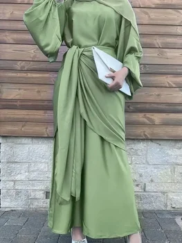 Рамадан Ейд ShinyДве части комплекти Djellaba мюсюлманска рокля Дубай мода лъскав сатен Abaya мюсюлмански роби ислямски роба WY1294