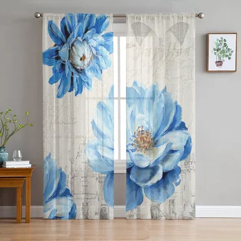 Ретро божур синьо цвете шифон отвесни завеси за хол спалня кухня декорация прозорец Voiles органза тюл завеса