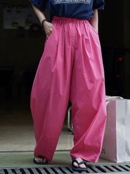 Розови панталони жени хлабав дизайн прост чист ежедневен всички мач гънки случайни корейски стил летни дамски панталони Basic империя мода