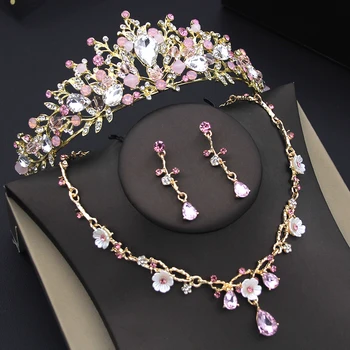 Розови цветове кристал булчински бижута комплекти за жени диадеми виси обеци цвете огърлица сватба корона бижута комплект принцеса