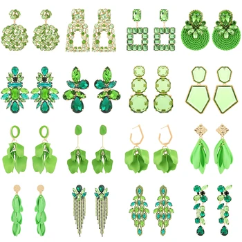 Светло зелена серия дълги висящи обеци за жени 2023 Модерни луксозни акрилни венчелистчета Геометрични кристални модни изявления Бижута