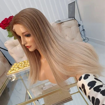 Топла блондинка с кафяви корени HD 13x6 дантела фронтална перука луксозна човешка коса пълна дантела перуки 200% дебела копринена права перука за жени