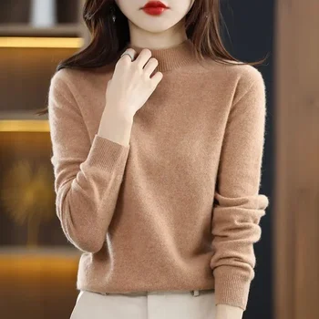 Трикотажен топ за жени Пуловери Дамски пуловери Гиг деколте Потници Поло Бежово Корейско луксозно джърси в промоция Топло модерно