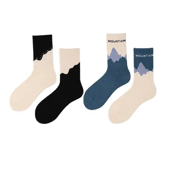 Унисекс жени Снежна планина мастило живопис чорапи пролет лято цвят блокиране ивици памучни чорапи личност моден дизайн тенденция