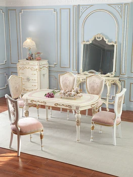 френски дворец стил светлина луксозна маса за хранене и стол комбинация от многоразмерна масивна дървесина ретро европейска розова маса за хранене