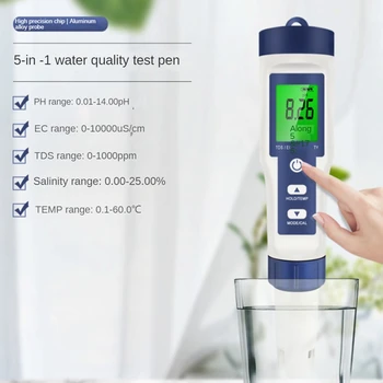 Цифров тестер за качество на водата TDS / EC / PH / Соленост / температурен метър ABS за басейни Аквариуми Питейна вода