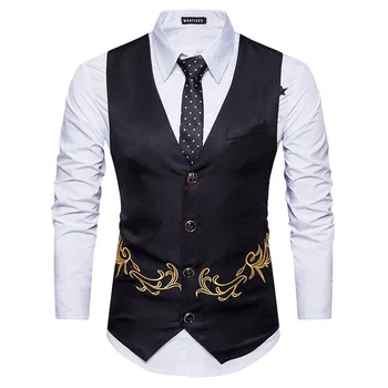 Черен бродерия костюм жилетка мъже Gilet Homme 2024 марка тънък годни жилетка мъже случайни бизнес парти сватба абитуриентски рокля жилетки XXL