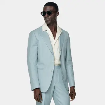 Яке+Панталон Комплект от 2 части Луксозни мъжки костюми Сини сватбени блейзъри Тънки елегантни официални офис палта Летни бизнес облекла