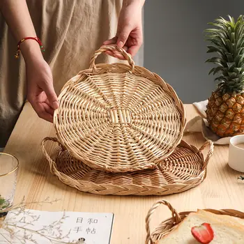 японски ръчно изработени ратан плодове тава кръгла храна печене хляб тави дисплей кошница снек кошница и плодове плоча домакински продукти