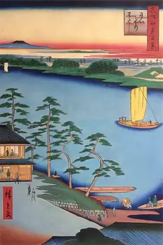 японски Хирошиге маслена живопис река пейзаж изкуство за дома декор Niijuku Ferry, No 93 от сто известни гледки на Едо